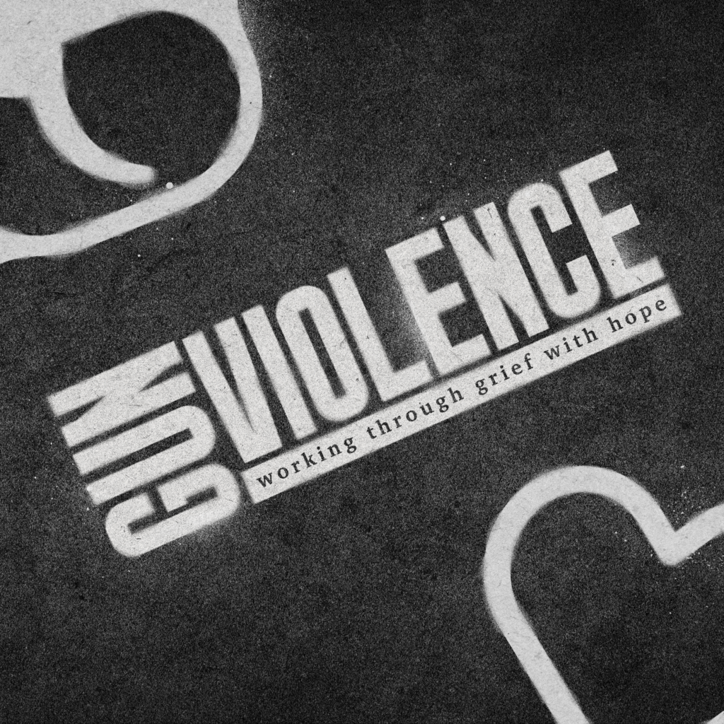 A square image with black background speckled with bits of gray and the words "gun violence" in the shape of a pistol with a light gray heart outline halfway in the bottom right corner and a trigger outline in the top left corner.