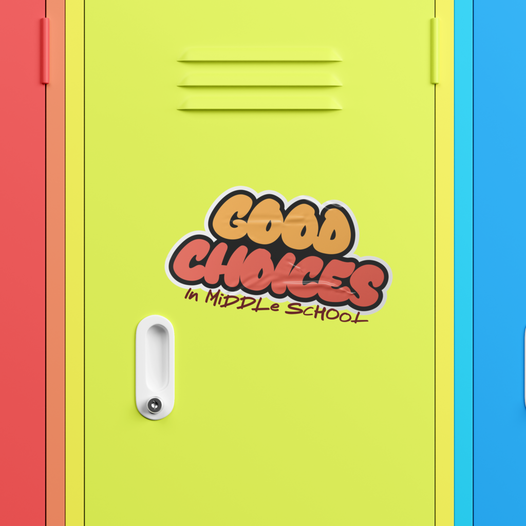 A neon yellow locker is framed between a sliver of neon red locker to the left and neon blue to the right. A Good Choices bubble letter sticker in orange and red font sits in the middle of the locker.