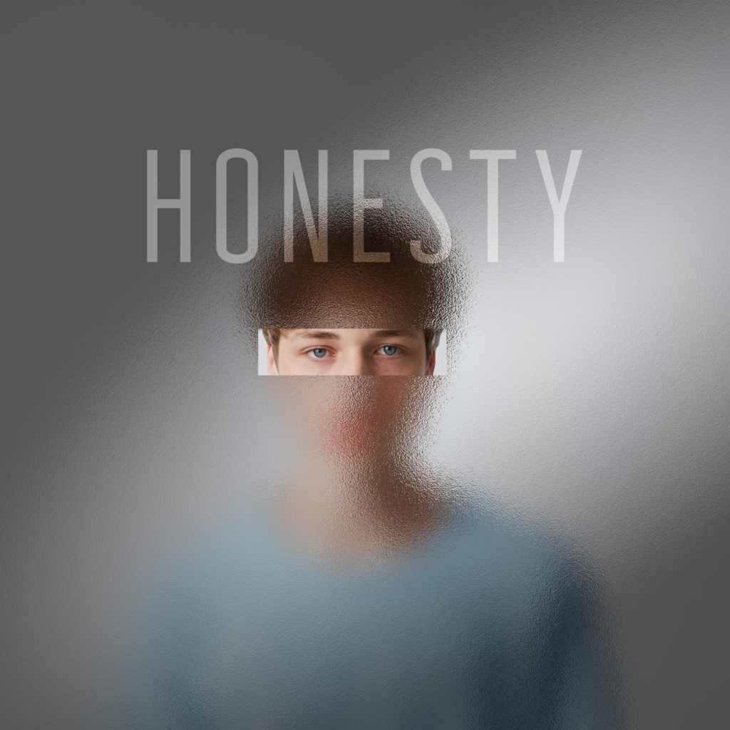 A gray square image features a white male teen blurred out except for the eyes, framed in by a rectangle. Honest is written above his head.