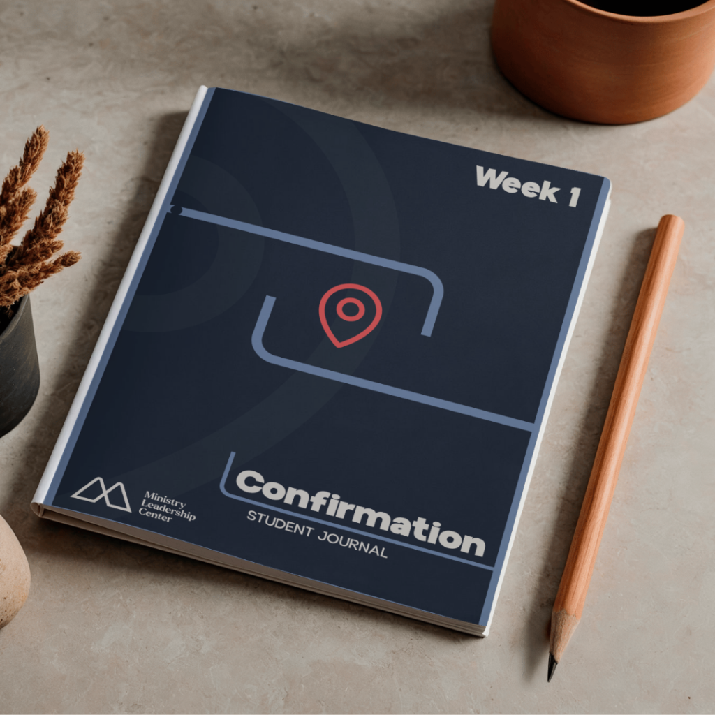 mockup of confirmation journal cover pages on a pad of paper with a traditional gold pencil to the right of it