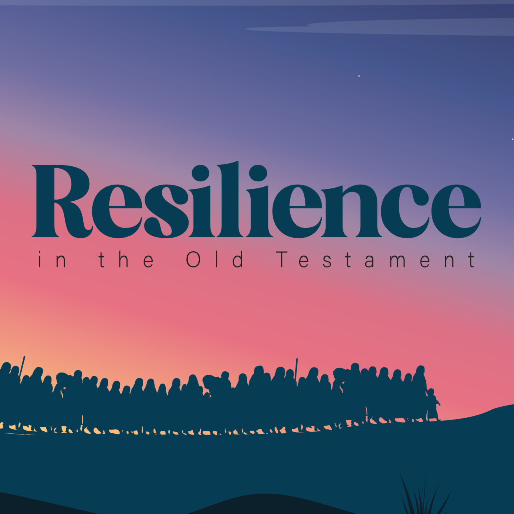 A square illustration with an ombre sunset of purple, pink, and orange sets the backdrop for a navy silhouette of a group of people traveling across a navy desert. The word Resilience stretches across the middle with in the Old Testament in smaller font below it.